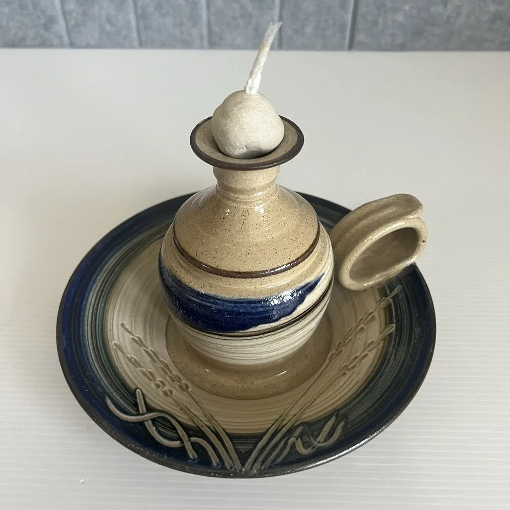 Vintage Studio Art Pottery Oil Lamp With Wick & Ball Candle Holder Signed